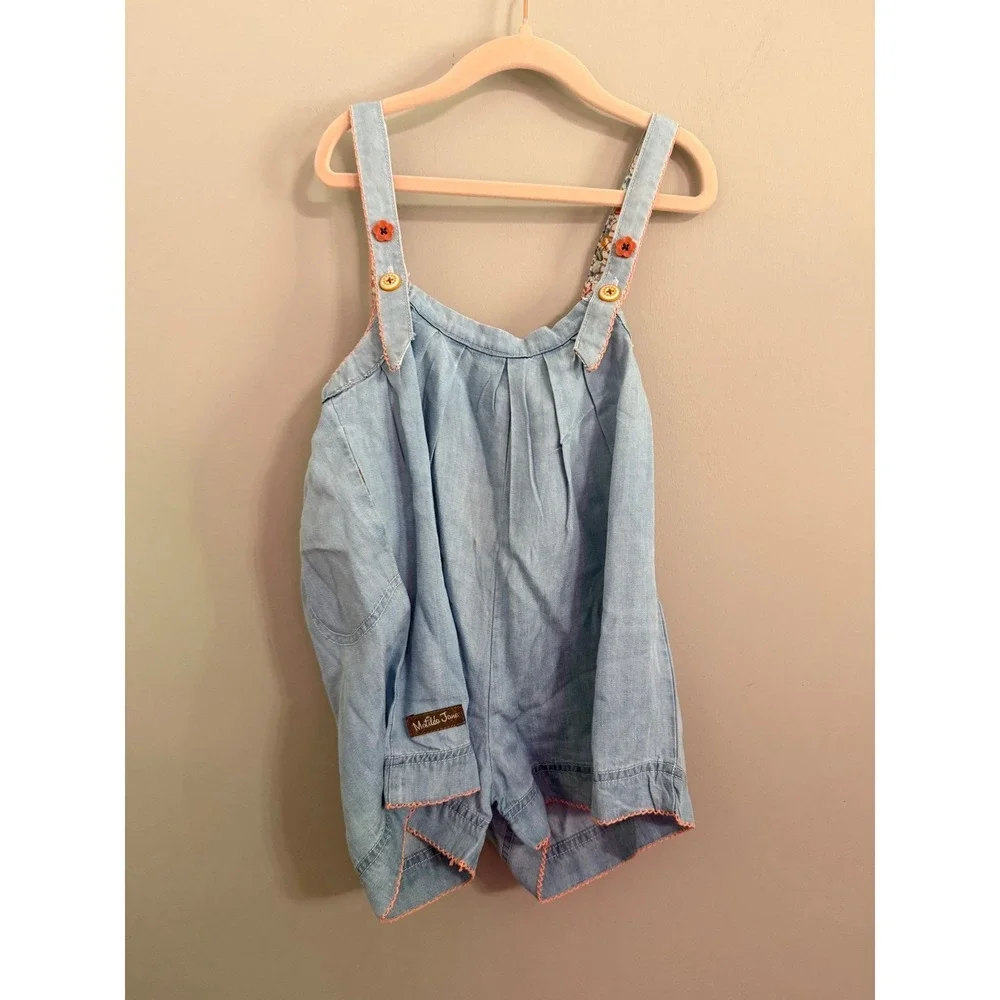 Matilda Jane Denim Chambray Play Romper Overalls Floral Trim‎ Pockets Size 6